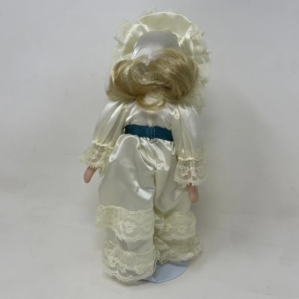 Vintage Porcelain Collector Doll 11.5 Inch Ivory Lace Satin Gown with Stand